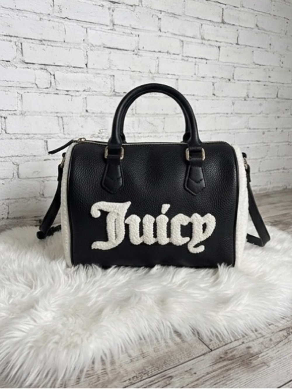 Juicy Couture Black Satchel with Cream Logo Trim